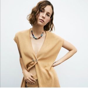ZARA Tan Longline Knit Sleeveless Cardigan Vest